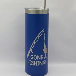 Gone fishing blue engraved 20 ounce skinny tumbler, bass fishing, salmon, fish